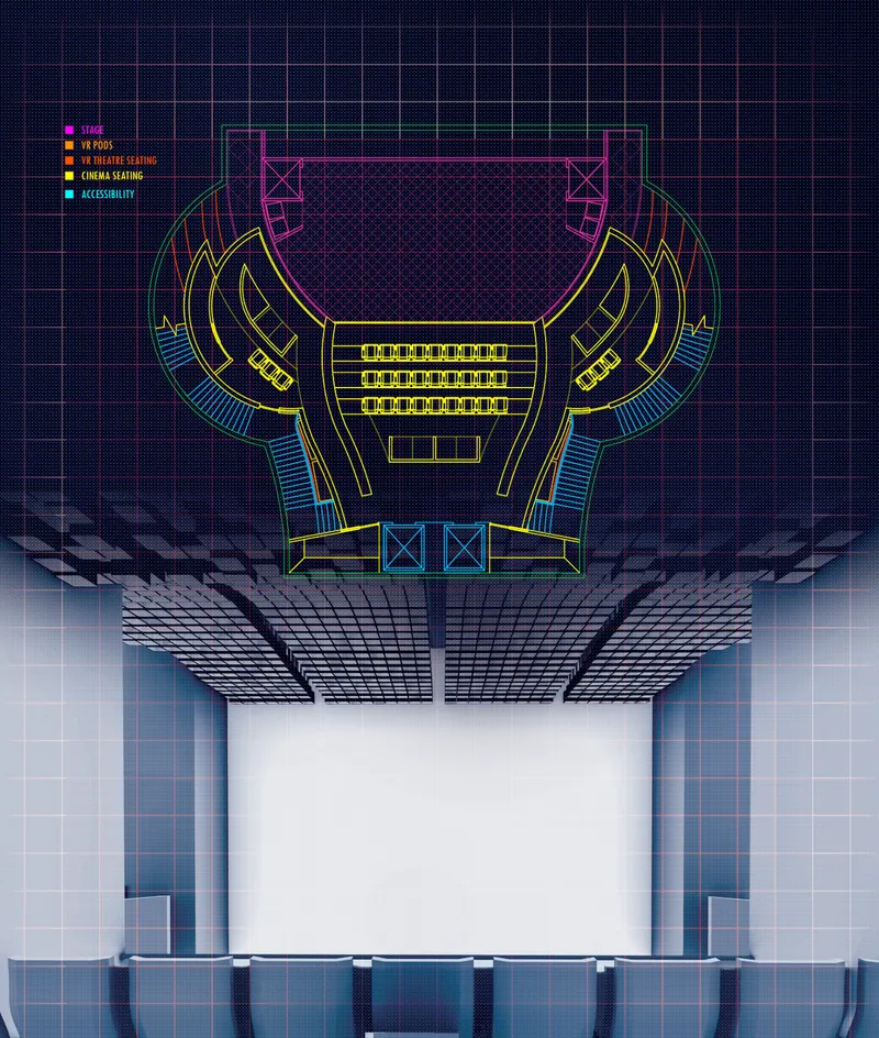 Main cinema layout combining conventional seating with immersive VR zones and a large performance screen.