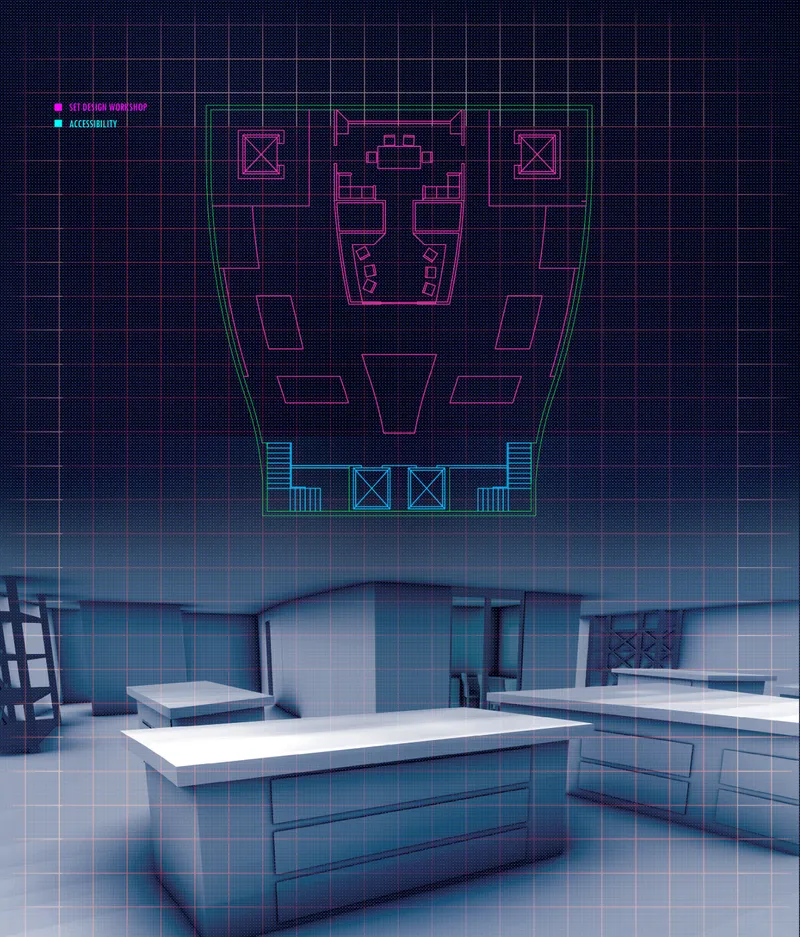 Set design workshop with flexible workstations supporting physical production for immersive cinema experiences.