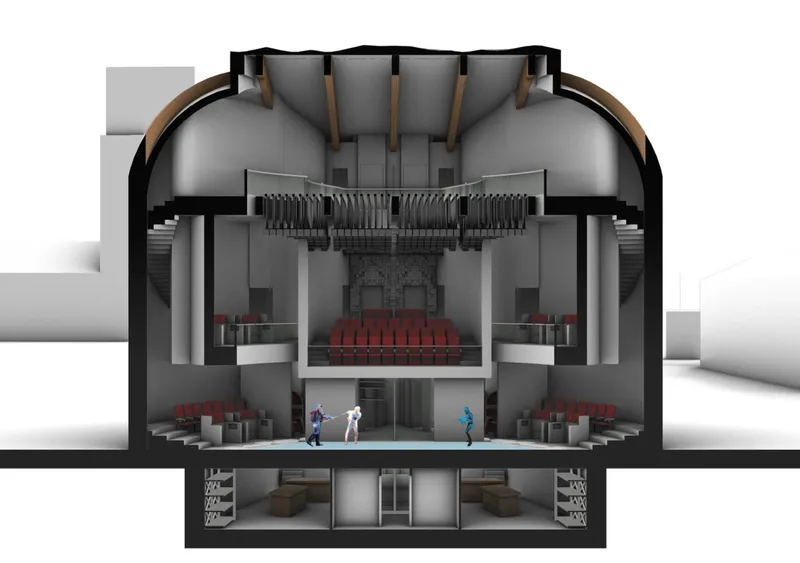 Section through the theatre showing audience seating, performance space, and the integration of physical and virtual action.