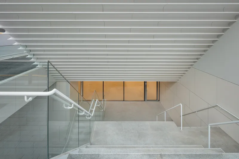 Interior staircase with glass balustrade and white railings descending beneath horizontal slatted ceiling