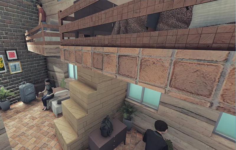 Dormitory interiors combine compact planning, warm materials, and communal living spaces.