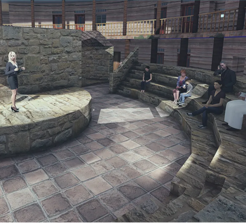 An intimate performance courtyard creates a communal gathering space within the accommodation block.