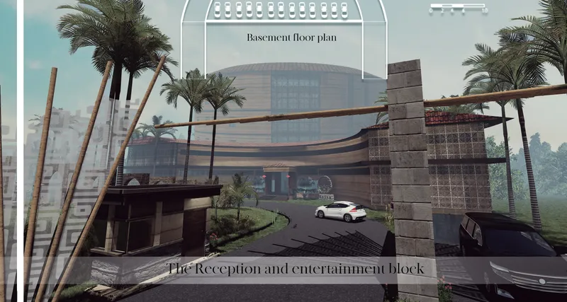 The reception and entertainment block welcomes visitors through tropical landscaping and Tulou-inspired architecture.