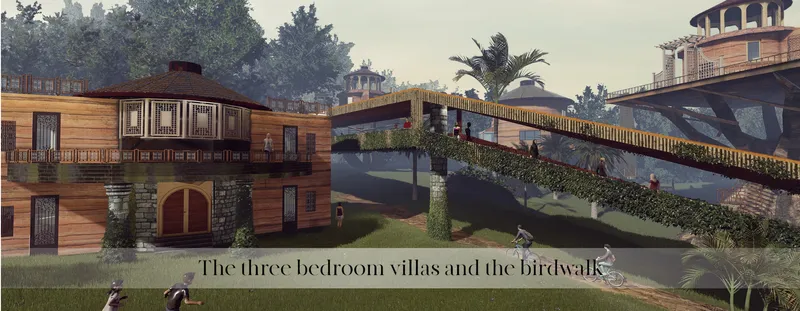 Three-bedroom villas connect with elevated birdwalks, cycling paths, and the surrounding tropical landscape.
