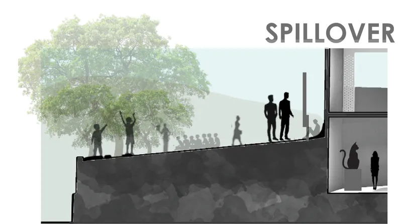 Landscape spillover zone extending the community library into an informal outdoor gathering space.
