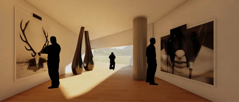 Warm exhibition gallery designed for art displays, public interaction, and cultural programming.