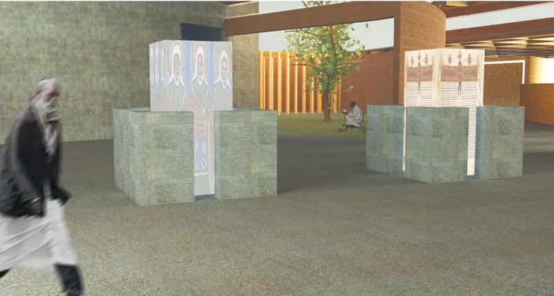 Religious icons and textured volumes create a contemplative threshold within the chapel.