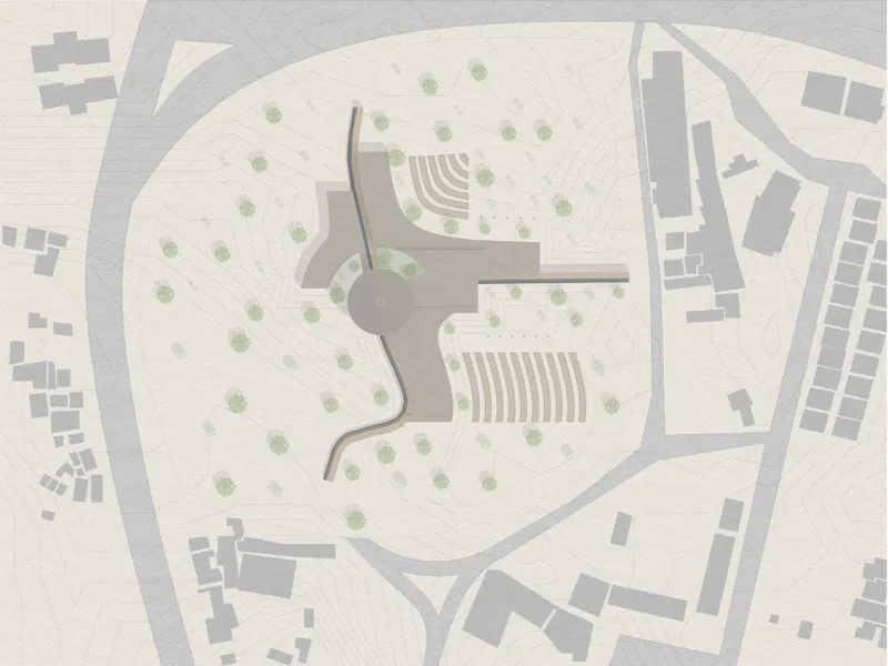 Site plan showing the chapel as a central hub connected to landscape and community routes.