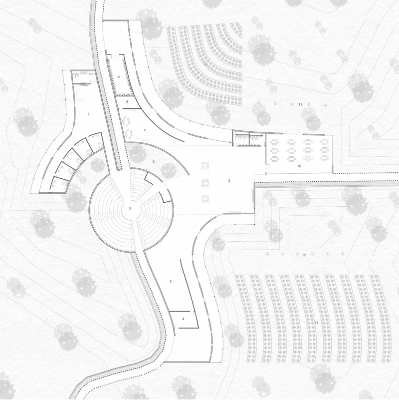 Floor plan integrating chapel, residence, gathering spaces, farming plots, wells, and community programs.