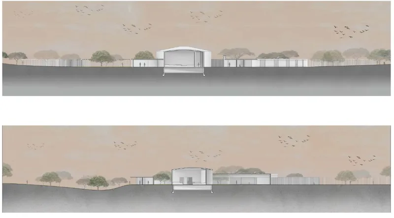 Building sections reveal a low chapel profile rooted within the surrounding Ethiopian landscape.