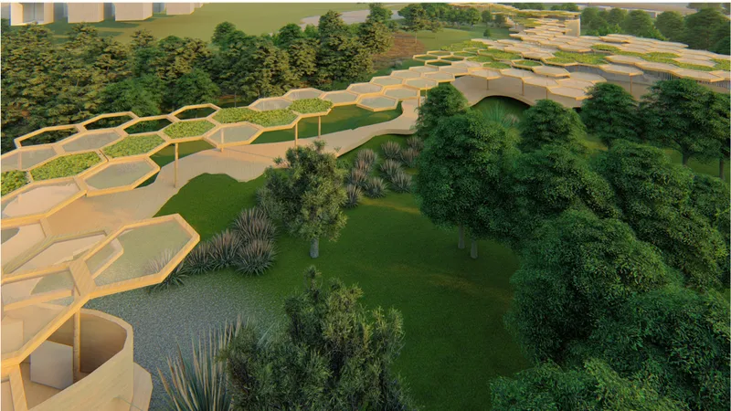 Eco Chapel’s hexagonal green canopy winds through the forest, merging sacred architecture with landscape and ecological renewal.