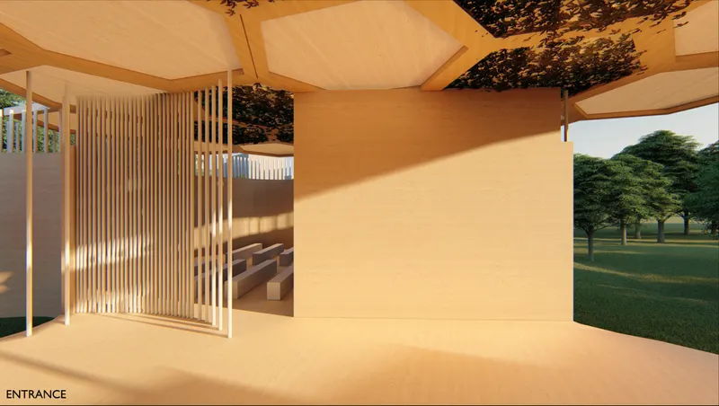 The chapel space frames prayer through warm timber, soft light and forest views.