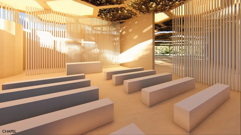 The contemplation room uses filtered light and vertical screens to create quiet reflection.