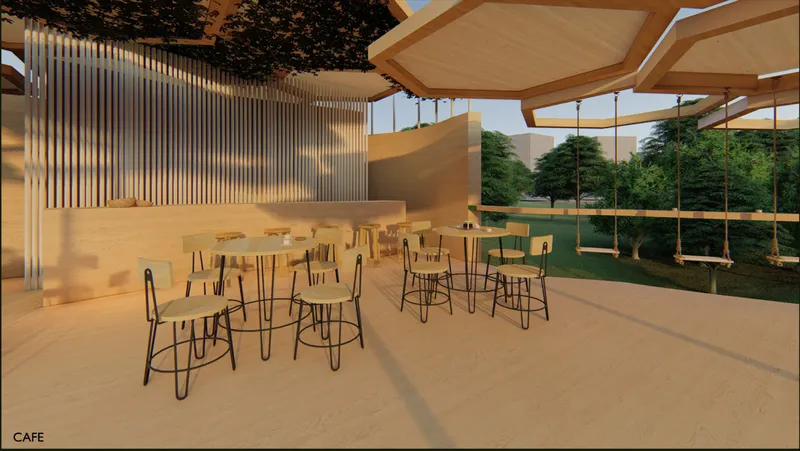 The exhibition hall turns environmental awareness into an immersive forest experience.