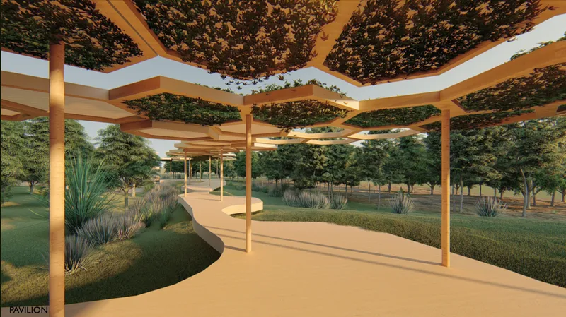 The pavilion walkway moves gently through the landscape under a green modular canopy.