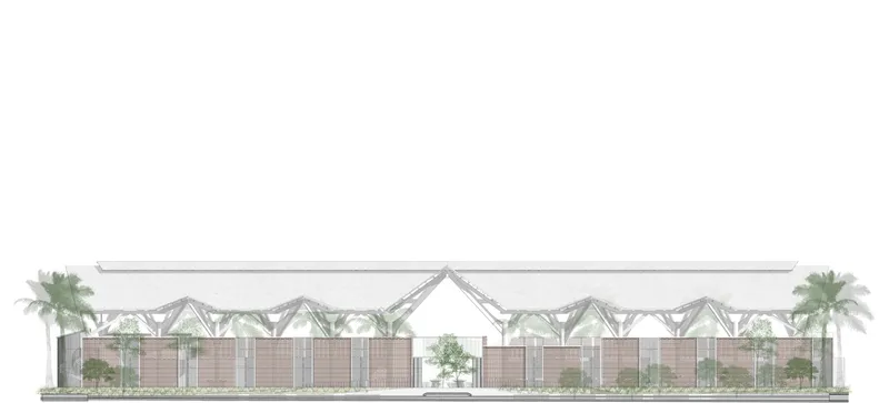 Elevation drawing depicting a long facade with triangular truss structure and planted courtyards