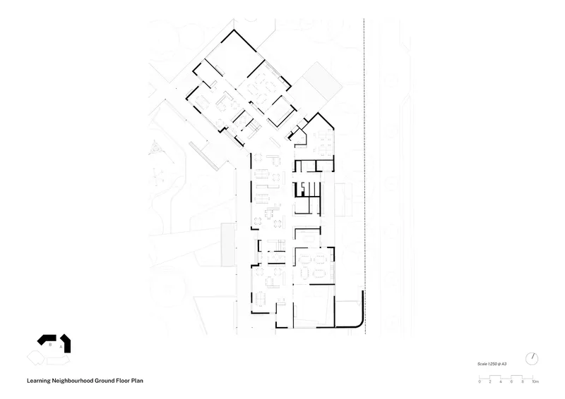 Ground floor plan drawing showing an angular layout with multiple rooms and corridors branching from a central circulation spine