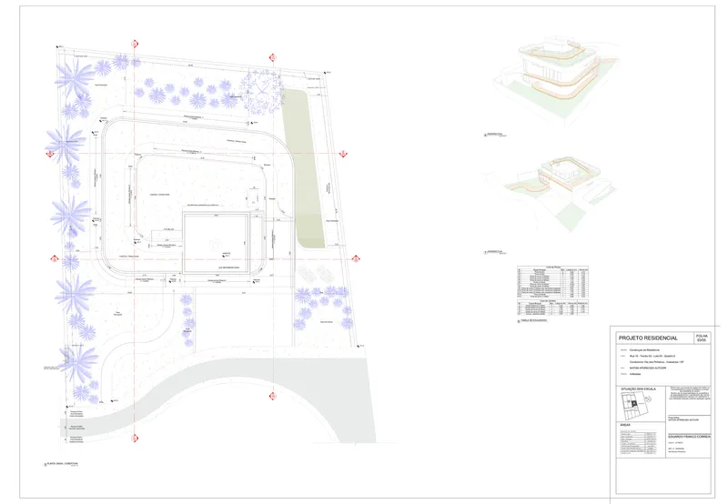 Ground floor plan with accompanying axonometric diagrams of the massing