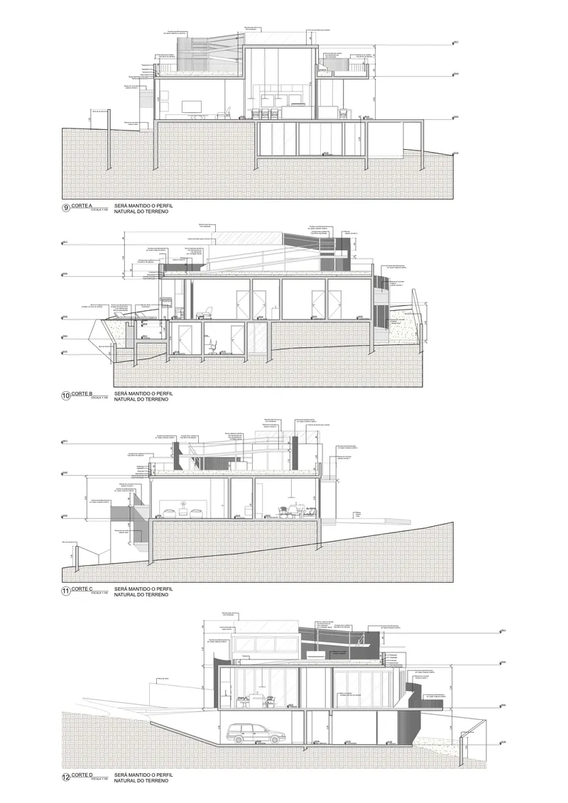 Four sectional drawings showing the building stepping down a sloped site