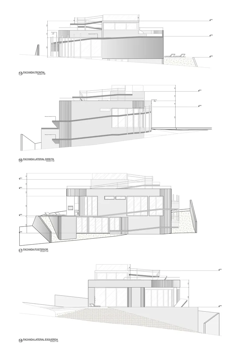 Four elevation drawings showing a multi-level structure with vertical slat screens and cantilevered roof planes on sloping ground