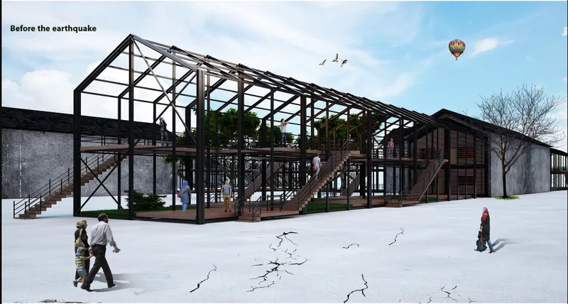 Before the earthquake, the reused shed becomes a civic gathering space