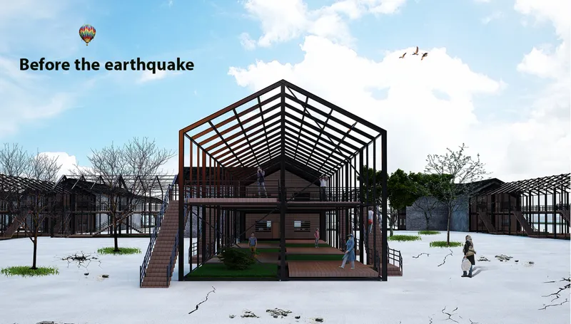 After the earthquake, modular housing transforms the site into emergency accommodation.
