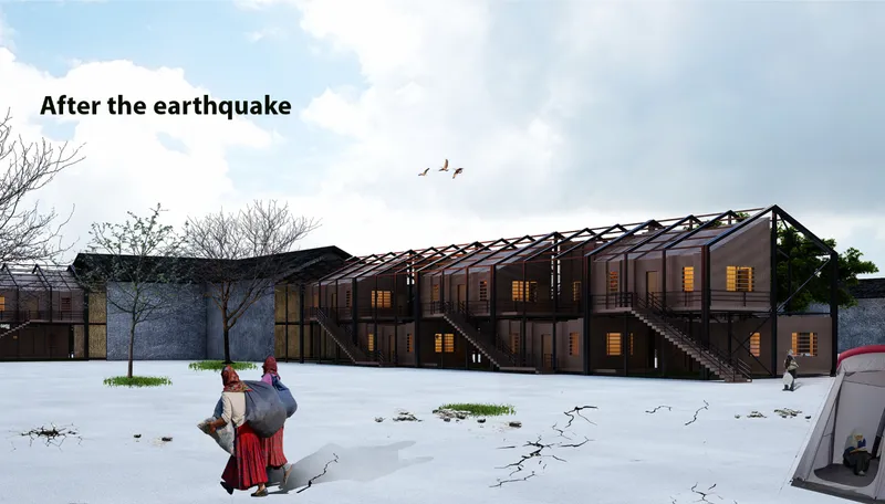Enclosed shelter modules provide temporary housing within the preserved structure