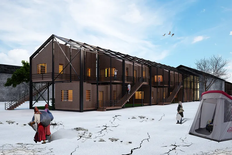 A wider settlement view showing tents, shelters, and adaptive reuse across the site.