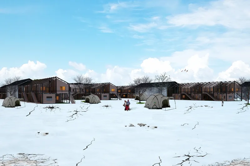 Post-earthquake shelter units activate within the historic shed framework
