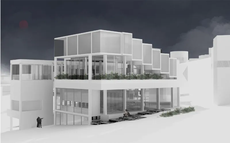 Exterior view of Cyber Library showing its layered volumes, transparent facade, and landscaped terraces.