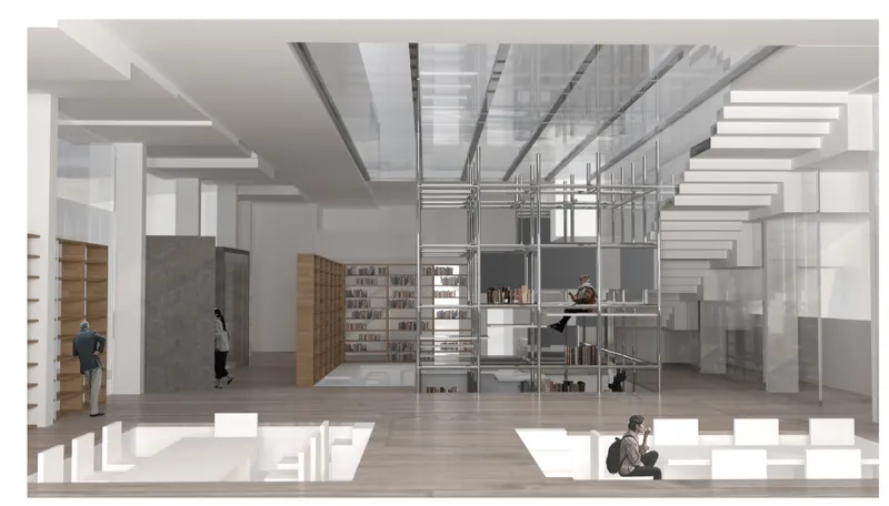 Interior perspective highlighting open reading areas, modular bookshelves, suspended stairs, and interconnected circulation.