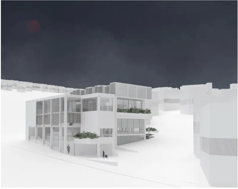 Cyber Library responds to the sloping site through stepped massing, open frames, and planted terraces.