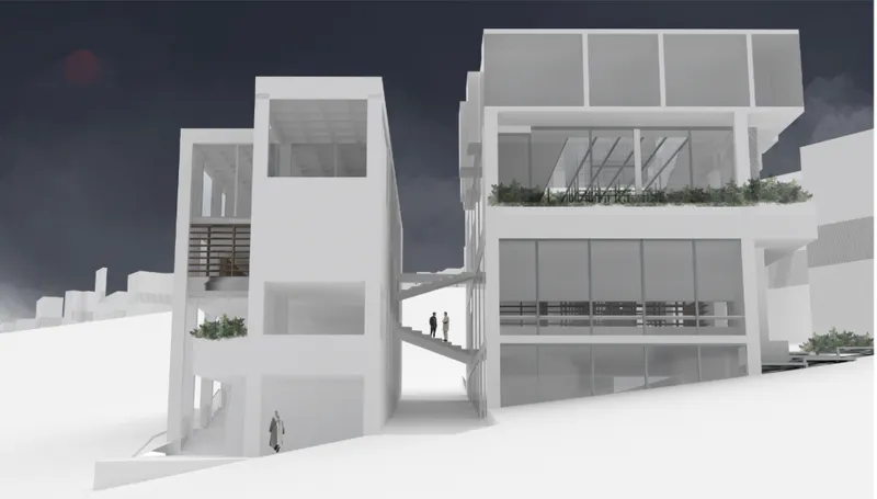 Two interconnected library volumes create bridges, layered circulation, and flexible spaces across the changing terrain.