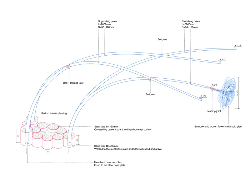 Technical drawing showing arched bamboo structure with labeled joints, planters, and woven butterfly element