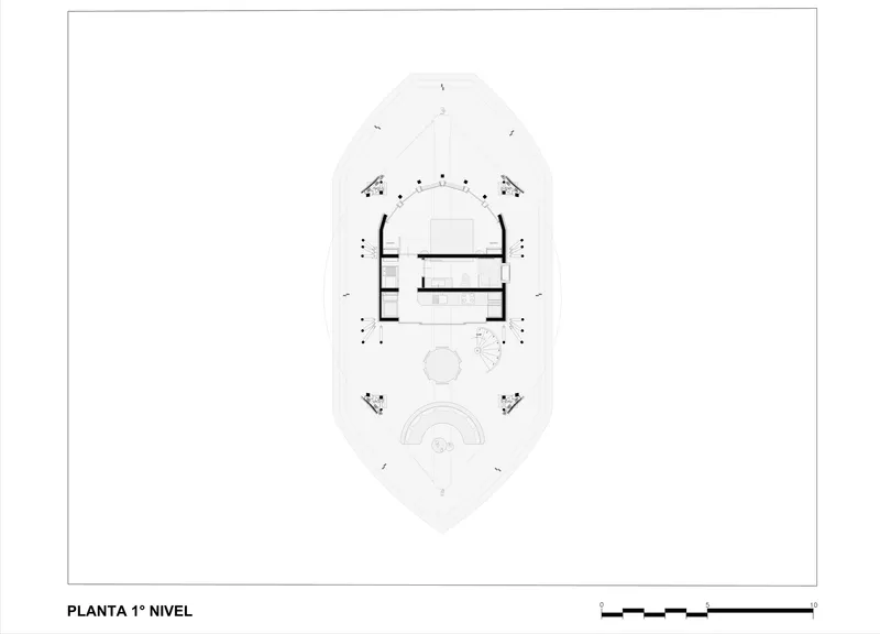 First level floor plan showing interior partition walls within a pentagonal perimeter and circular stair