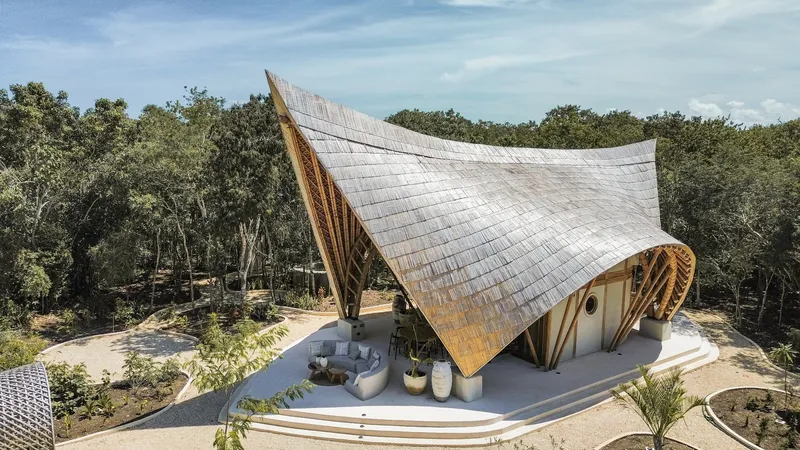 Aerial view of the sweeping shingled roof rising above a concrete terrace surrounded by dense trees