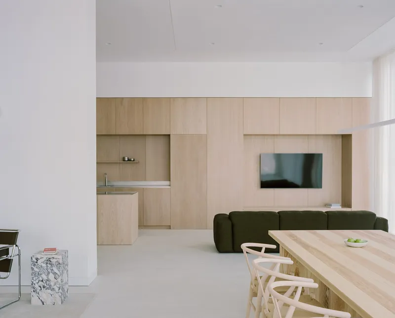 Open living and kitchen area with pale timber cabinetry and olive-green sofa under soft daylight