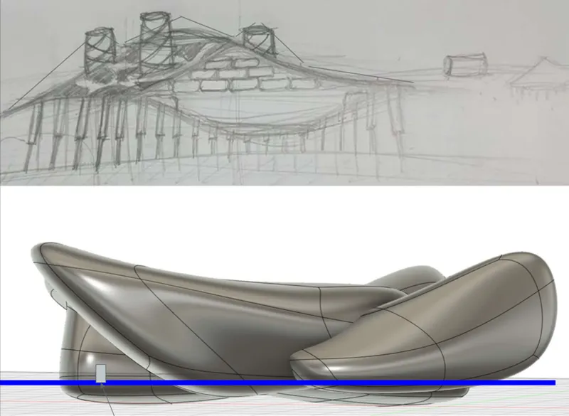 Form-development study translating early sketches into a smooth, biomorphic architectural mass.