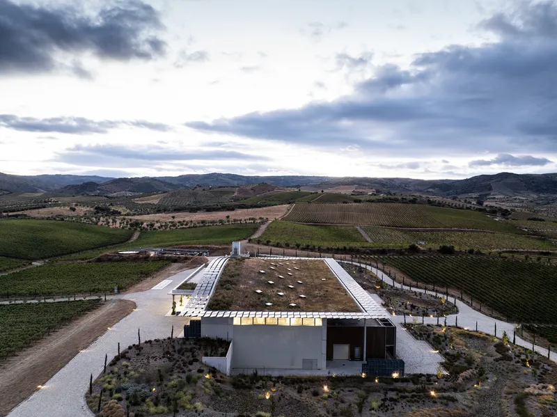 Aerial view of winery with planted roof and solar canopy surrounded by vineyard fields at twilight