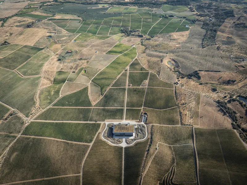 Drone view of two buildings centered within geometric patchwork of vineyard plots and agricultural land