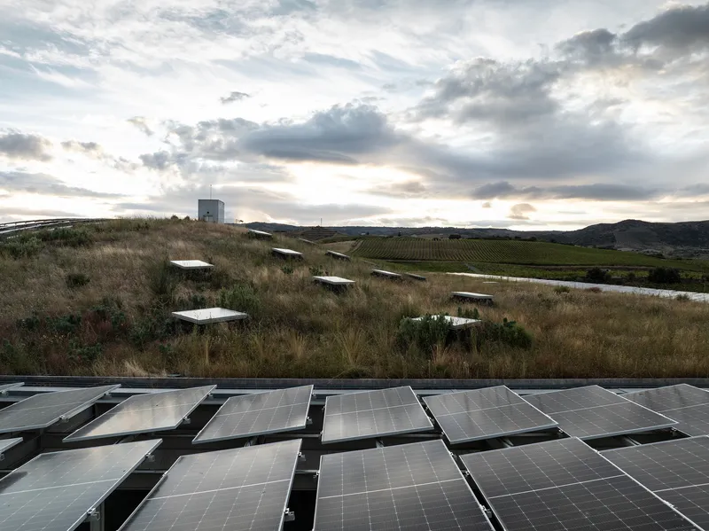 Solar panel array on green roof with vineyard and water tower at dusk