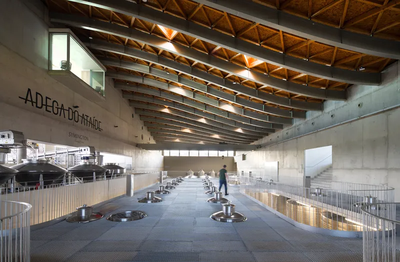 Interior processing floor with fermentation tanks, concrete walls and illuminated timber truss ceiling