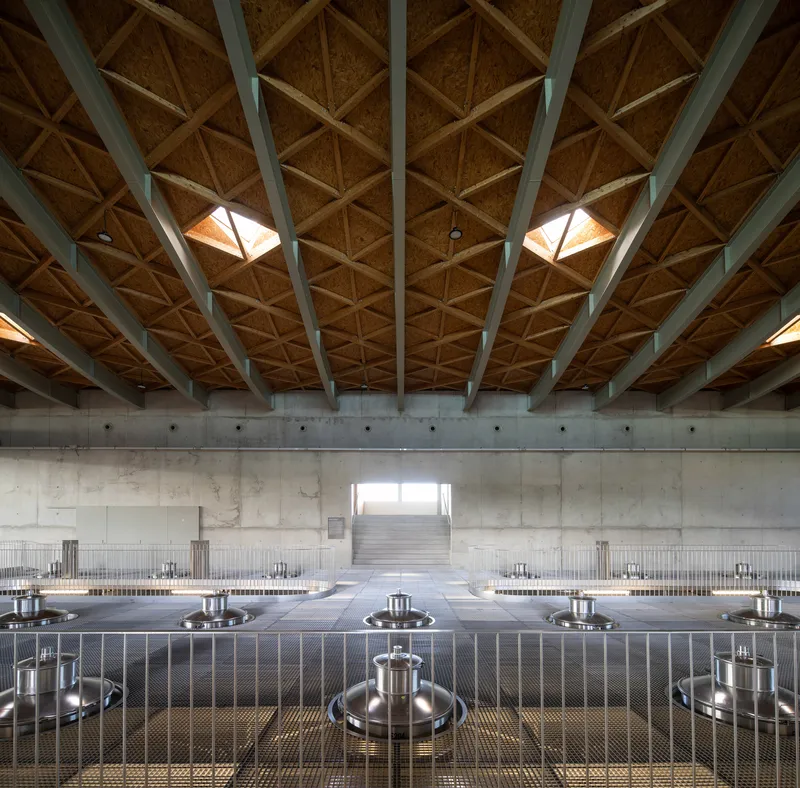 Timber coffered ceiling with skylights above stainless steel fermentation tanks and concrete walls