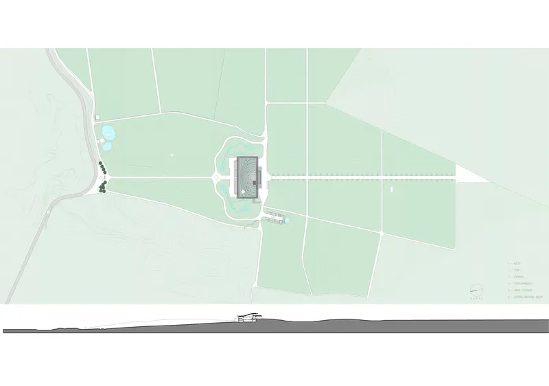 Site plan and section drawing showing building placement within vineyard parcels and topography