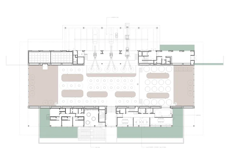 Floor plan drawing showing dining spaces with flanking terrace areas in green and central service core