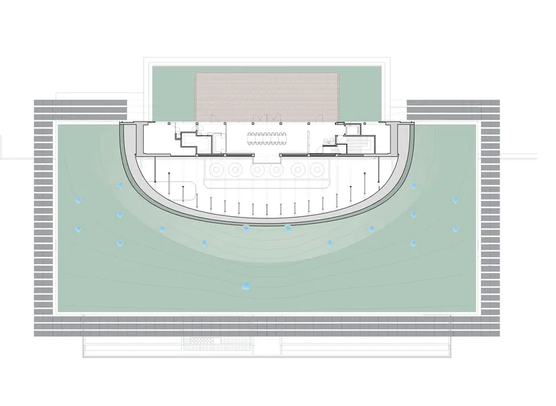 Site plan drawing showing a curved amphitheater-like landscape with blue accent markers in teal field