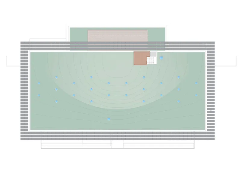 Site plan drawing depicting a rectangular green space with curved topography and a small pavilion structure