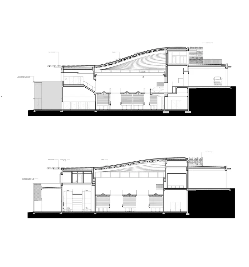 Section drawings showing sloped roof structures with internal spatial divisions and vertical circulation elements