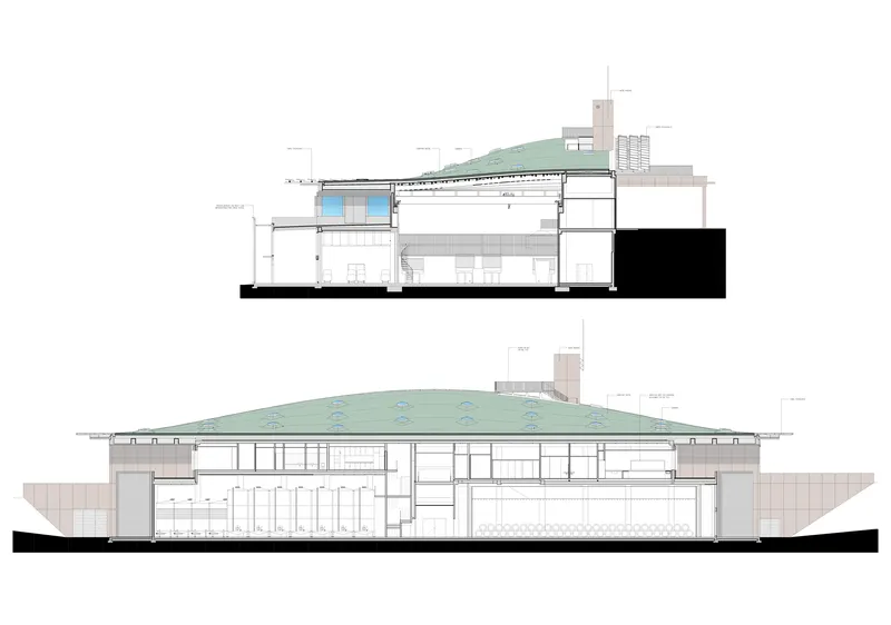 Section drawings showing the sloping green roof with skylights and interior spatial divisions