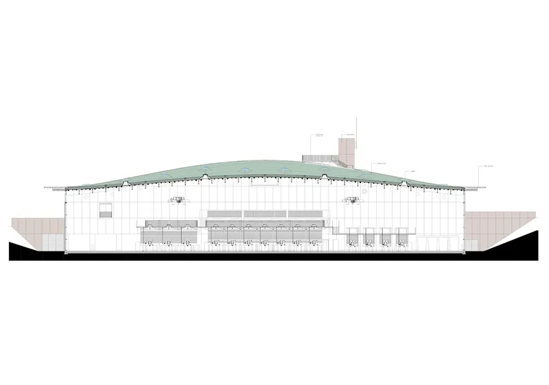 Section drawing revealing the curved roof structure supported by columns above an open interior
